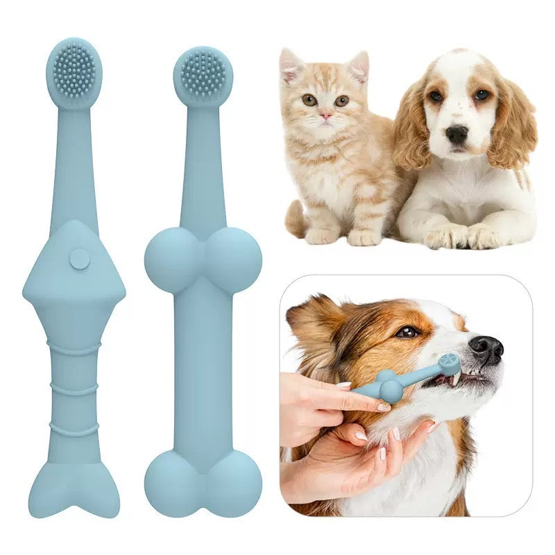 Amazing Two Pairs (4 Pacs) of Pet Dental Care Set, Silicone Dog & Cat Toothbrush with Tongue Cleaner, Soft Bristles, Blue